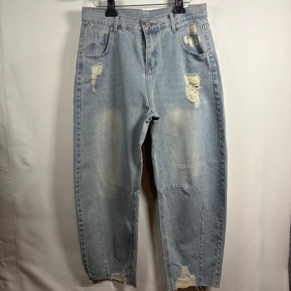 Light Wash Distressed Wide Barrel Leg Tapered Denim Jeans Streetwear 32x26